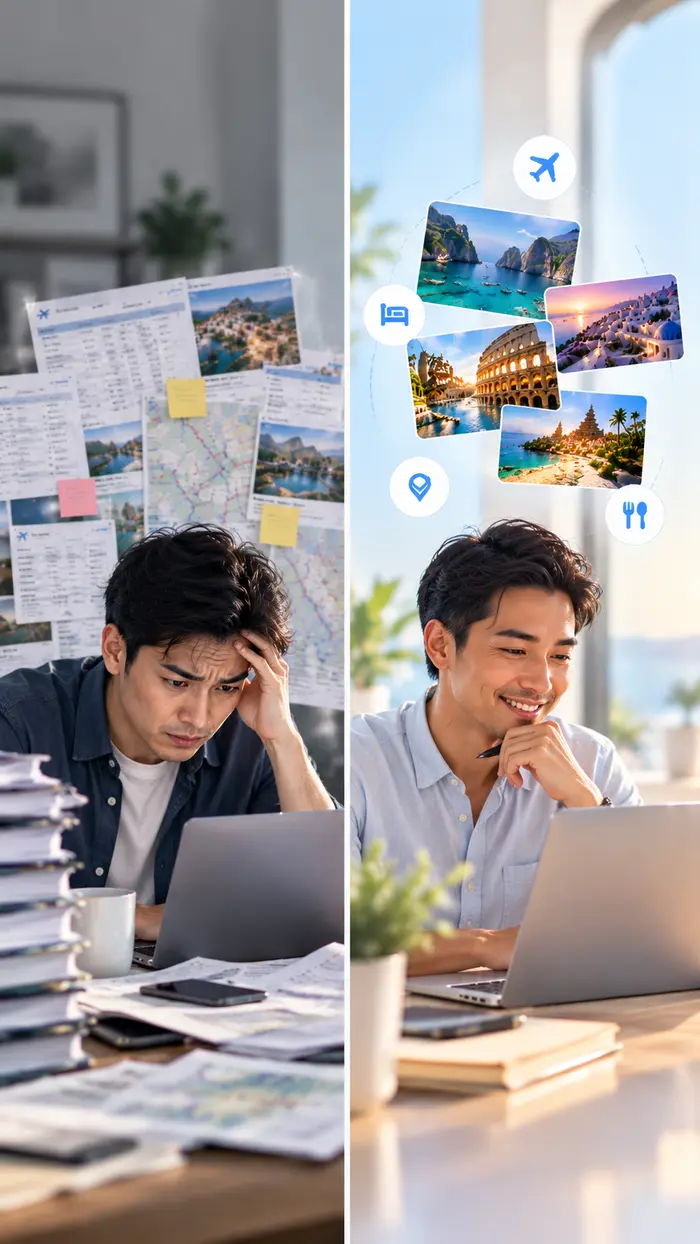 Modern travel planner visual showing a person quickly creating an itinerary proposal on their laptop