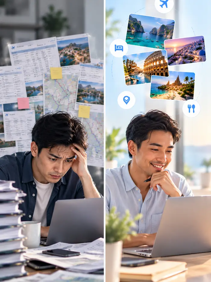 Travel planner creating a personalized itinerary proposal on a laptop
