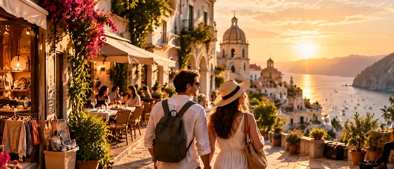 A couple walking along a serene beach at sunrise.