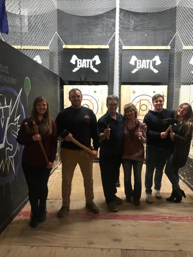 Axe Throwing, 2019. Charley was down in points the final round and managed to hit the clutch (green dot in the corners) to win the round. 