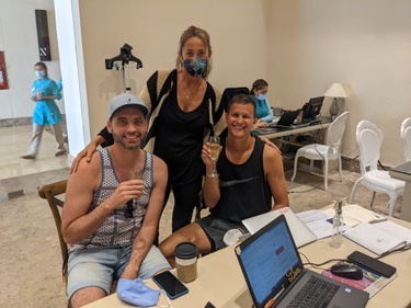 Paula, our wedding planner and us celebrating the finalizing of our date and venue in March 2021.