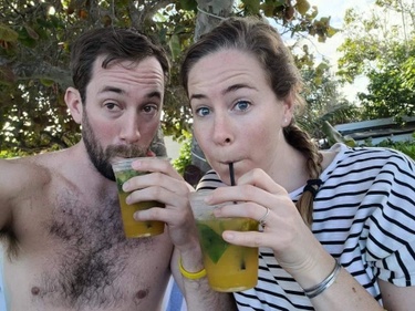 Drinking mango mojitos in our favorite spot in the Bahamas.