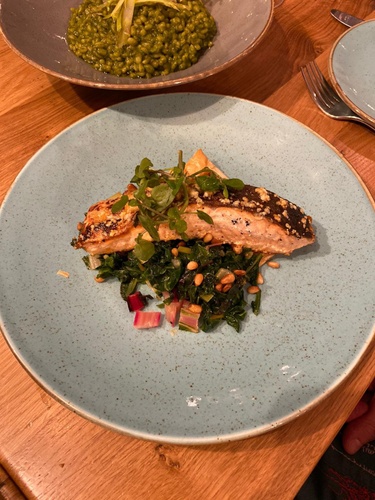 Seared salmon confit, swiss chard & pine nut gallate