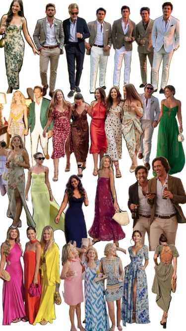 Dress code relajado pero elegante: Trajes de lino o telas livianas, en tonos claros u oscuros. Desenfadado, pero con estilo. Vestidos largos o cortos, lisos o estampados, con un toque boho o playero. Relaxed yet elegant dress code. Linen suits or lightweight fabrics in light or dark tones. Casual, but stylish. Long or short dresses, solid or patterned, with a boho or beachy touch.