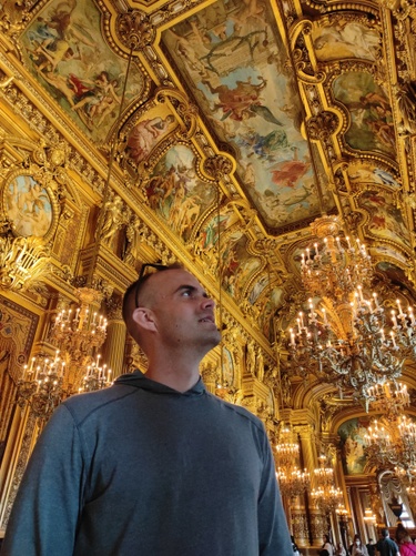 Otto in our romantic weekend in Paris. This beautiful ceiling is inside the Opera the Paris