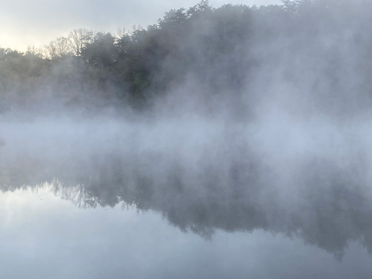 Photo of fog on a lake, early in the morning.