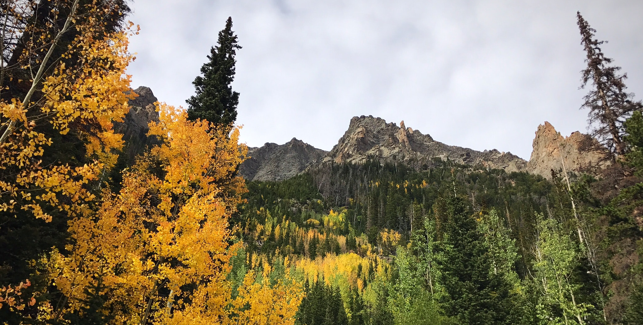 Rocky mountain peaks rise above evergreen forest and golden autumn aspens.