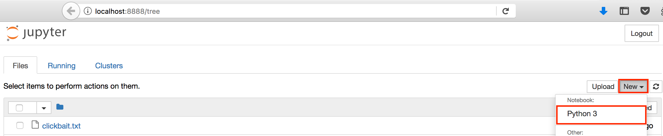 Creating a new Python notebook in Jupyter