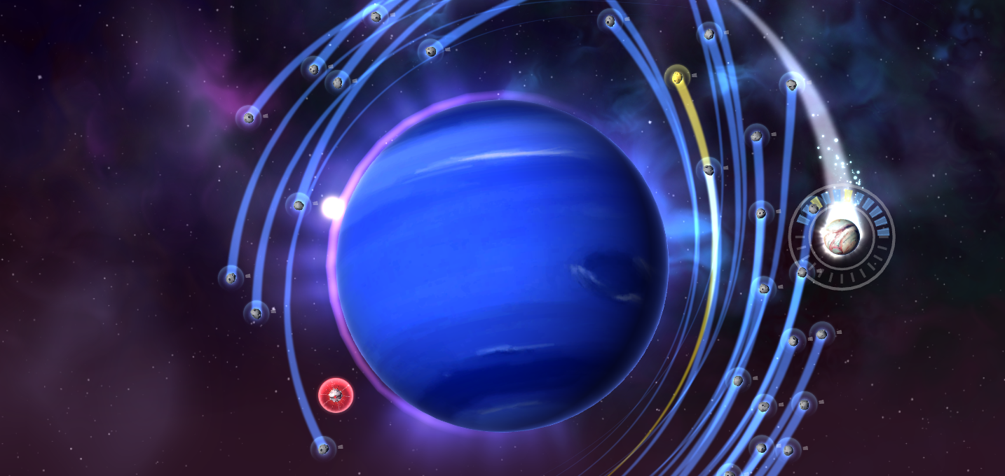 A moon orbits Neptune, backed by a colorful nebula