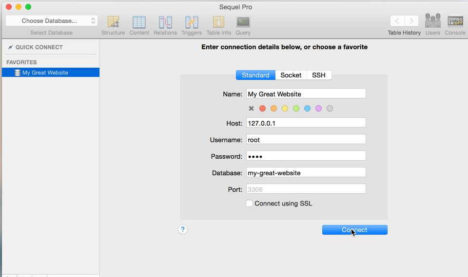 Sequel Pro database connection interface