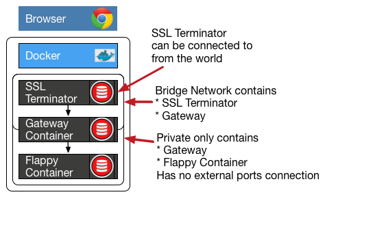 Two networks shown, one with SSL Term and the gateway, one with Flappy and the gateway