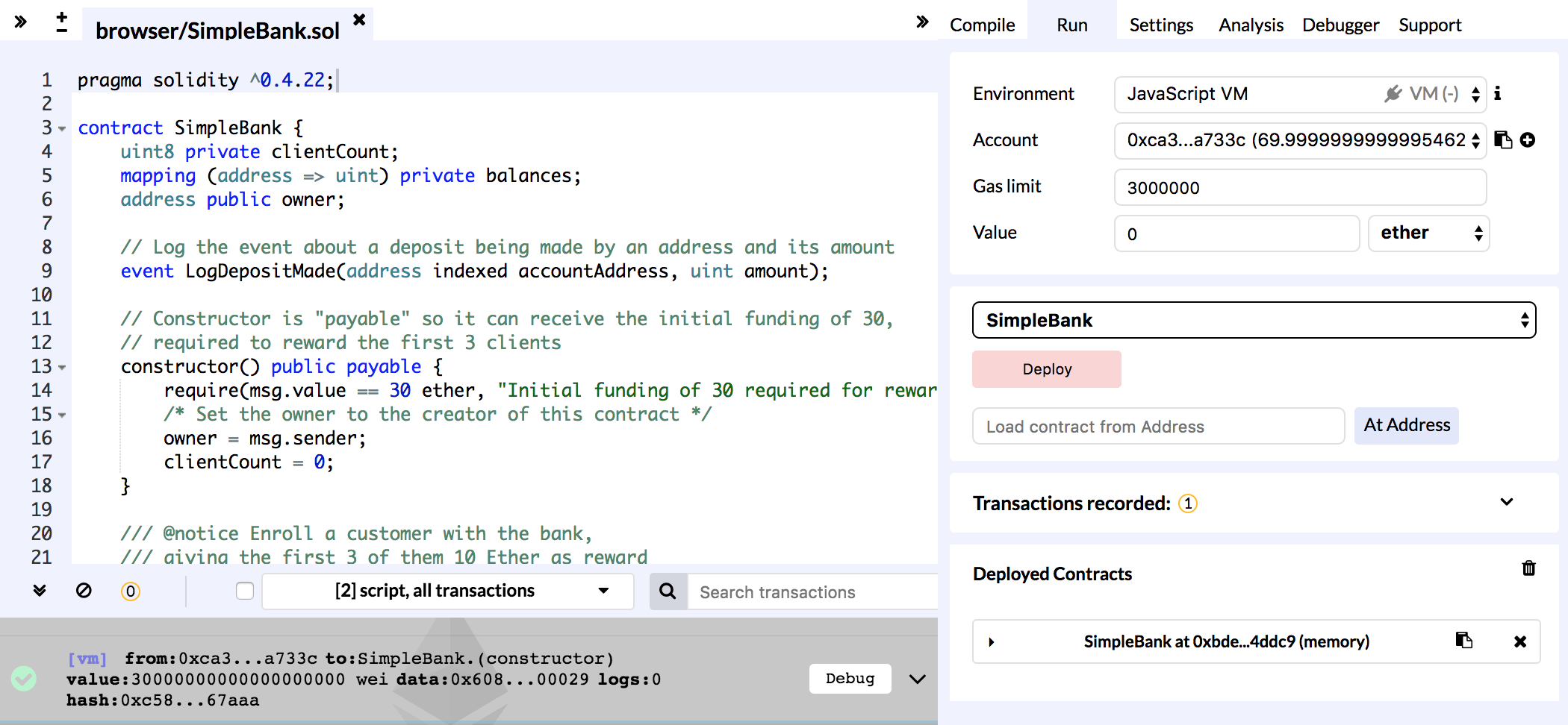 Remix SimpleBank Deployed
