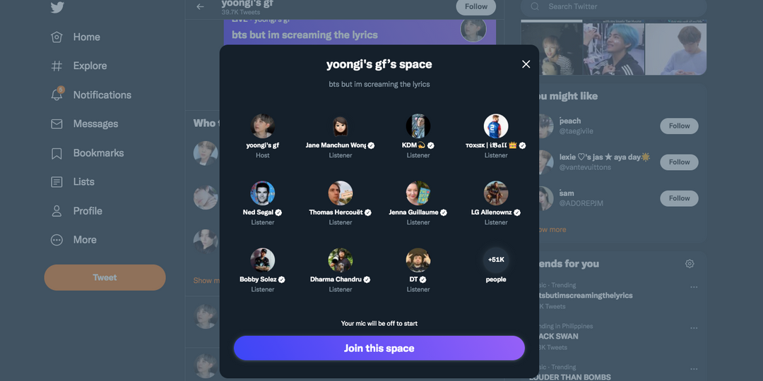 A BTS ARMY is hosting a Twitter Space "screaming lyrics" to BTS, TXT, and more