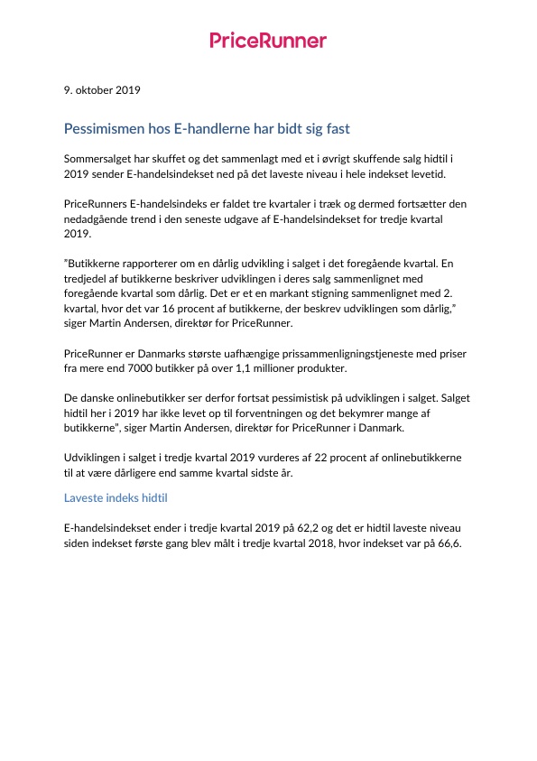 Pressemeddelelse om E-handels Indekset Q3 2019