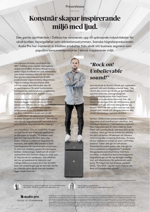 Pressrelease Audio Pro, Spritfabriken Ödåkra, Svensk