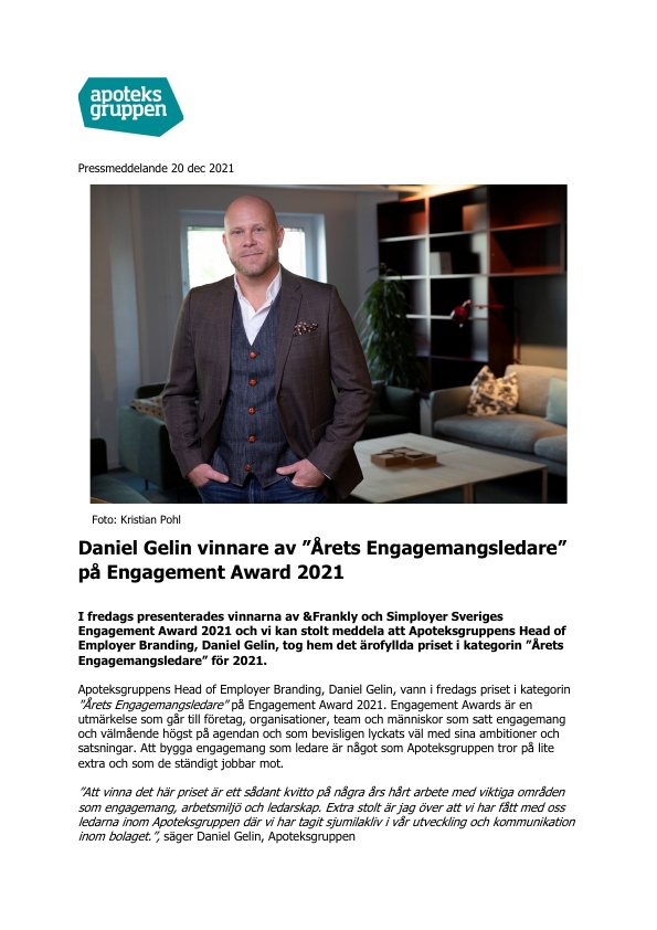 Daniel Gelin vinnare av ”Årets Engagemangsledare” på Engagement Award 2021