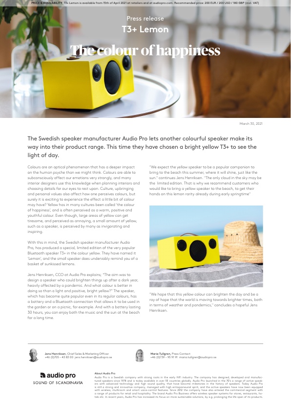 Press release Audio Pro T3+ Lemon