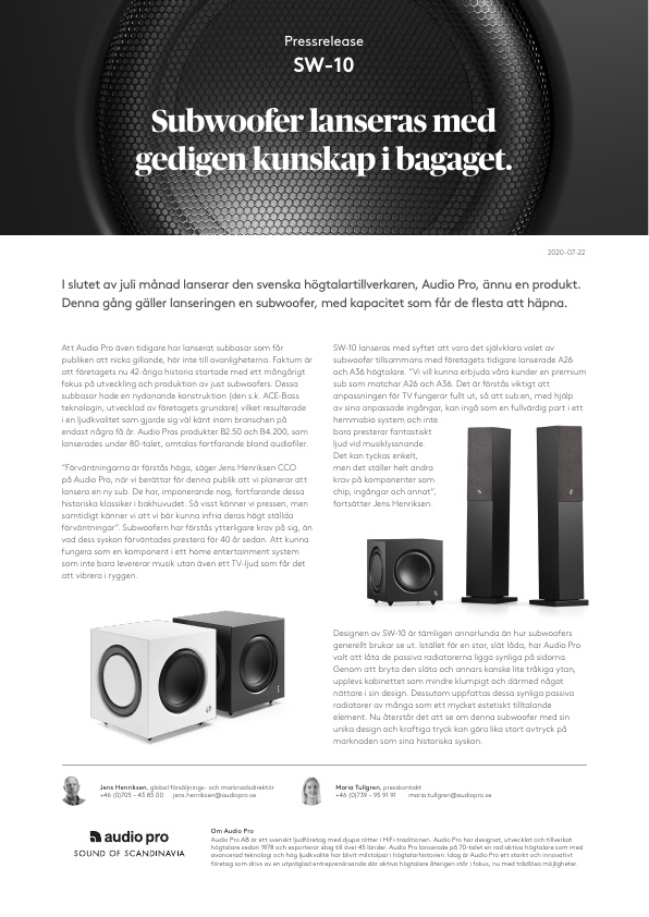 Audio Pro SW-10, pressrelease swedish