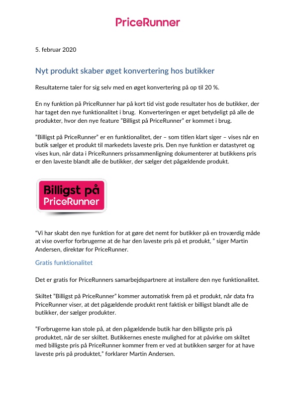 Pressemeddelelse om "Billigst på PriceRunner"