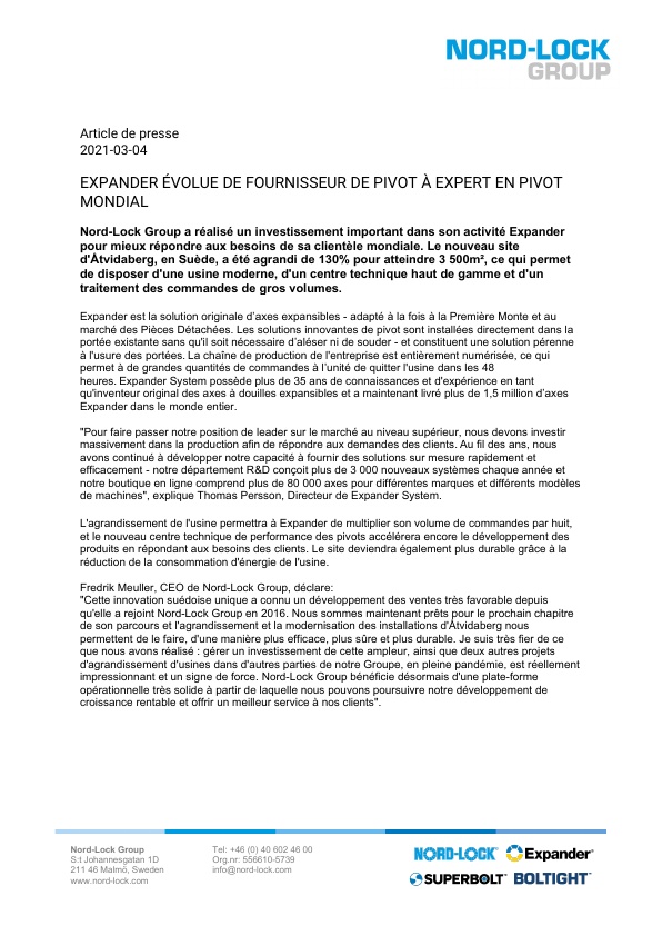 Nord-Lock Group a réalisé un investissement important dans son activité Expander pour mieux répondre aux besoins de sa clientèle mondiale.