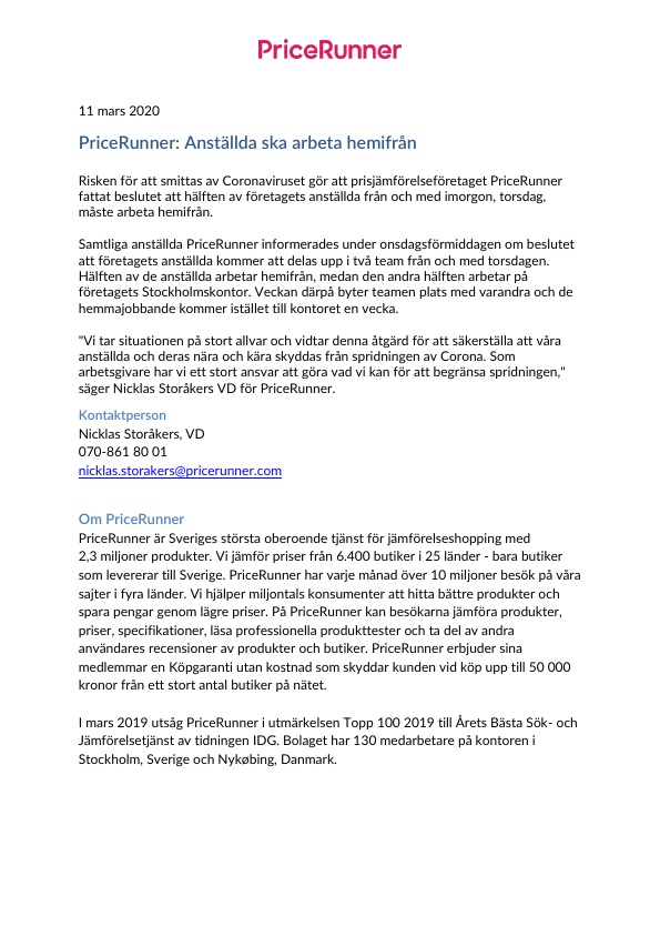 PriceRunner: Anställda ska arbeta hemifrån 