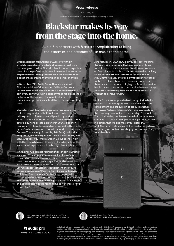 Press release English, Audio Pro, Drumfire Blackstar Edition