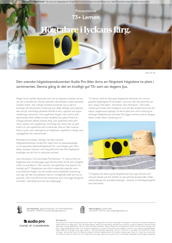 Pressrelease Audio Pro T3+ Lemon