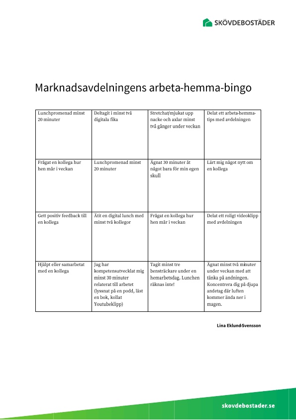 Bingo för hemarbete. 