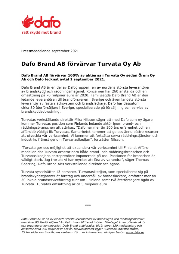 Pressmeddelande Dafo Brand AB förvärvar Turvata oy Ab