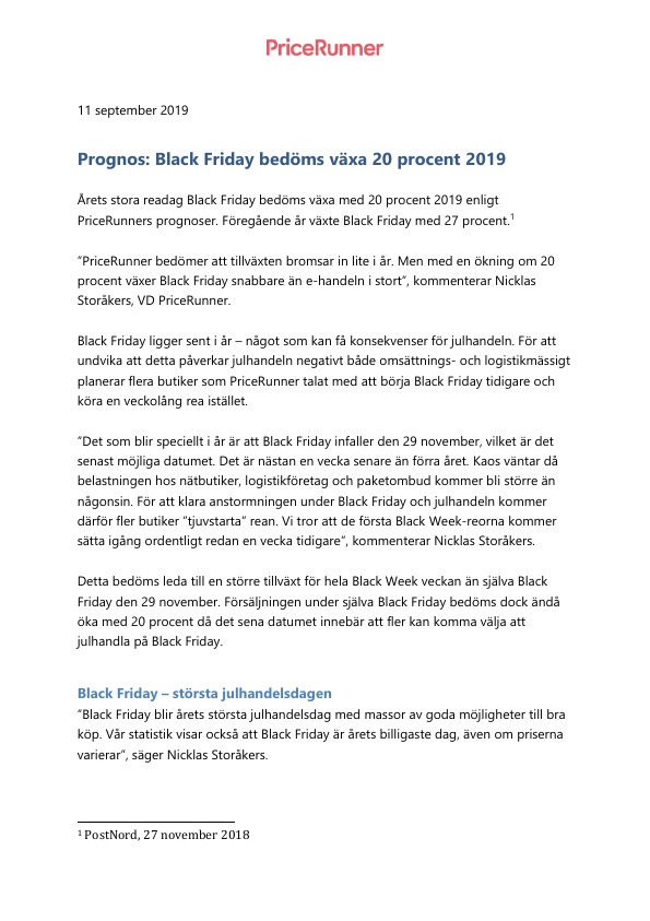 Årets stora readag Black Friday bedöms växa med 20 procent 2019 enligt PriceRunners prognoser. Föregående år växte Black Friday med 27 procent