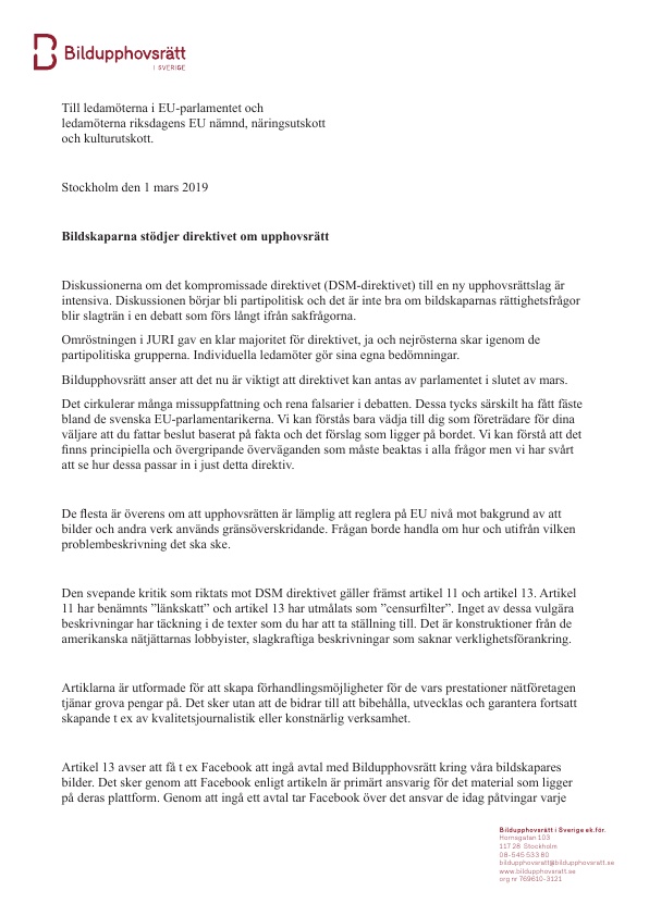 Bildupphovsrätts brev nr 2 till riksdagspolitiker och de svenska EU-parlamentarikerna.