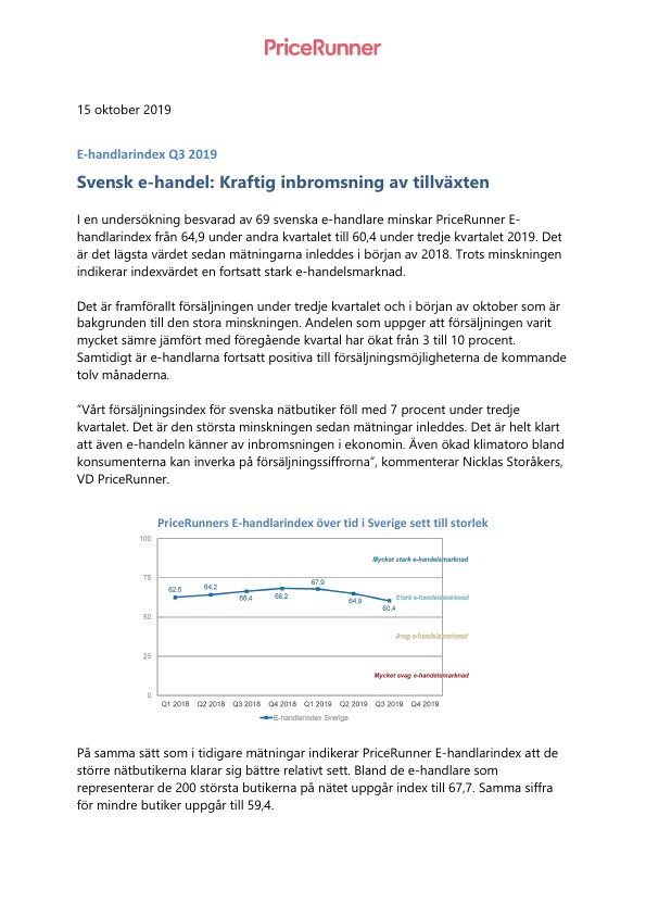 E-handlarindex tredje kvartalet 2019