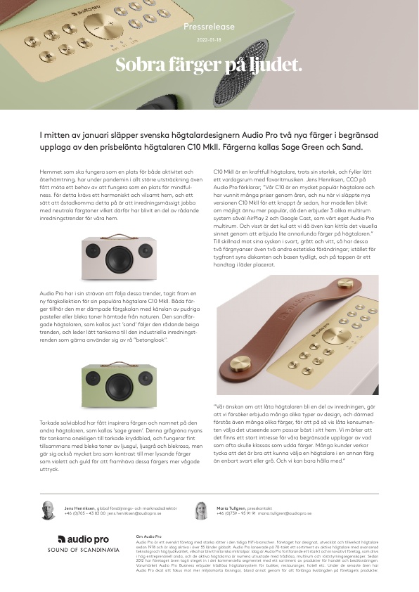 Pressrelease Svensk, Audio Pro, C10 MkII Sage green and Sand