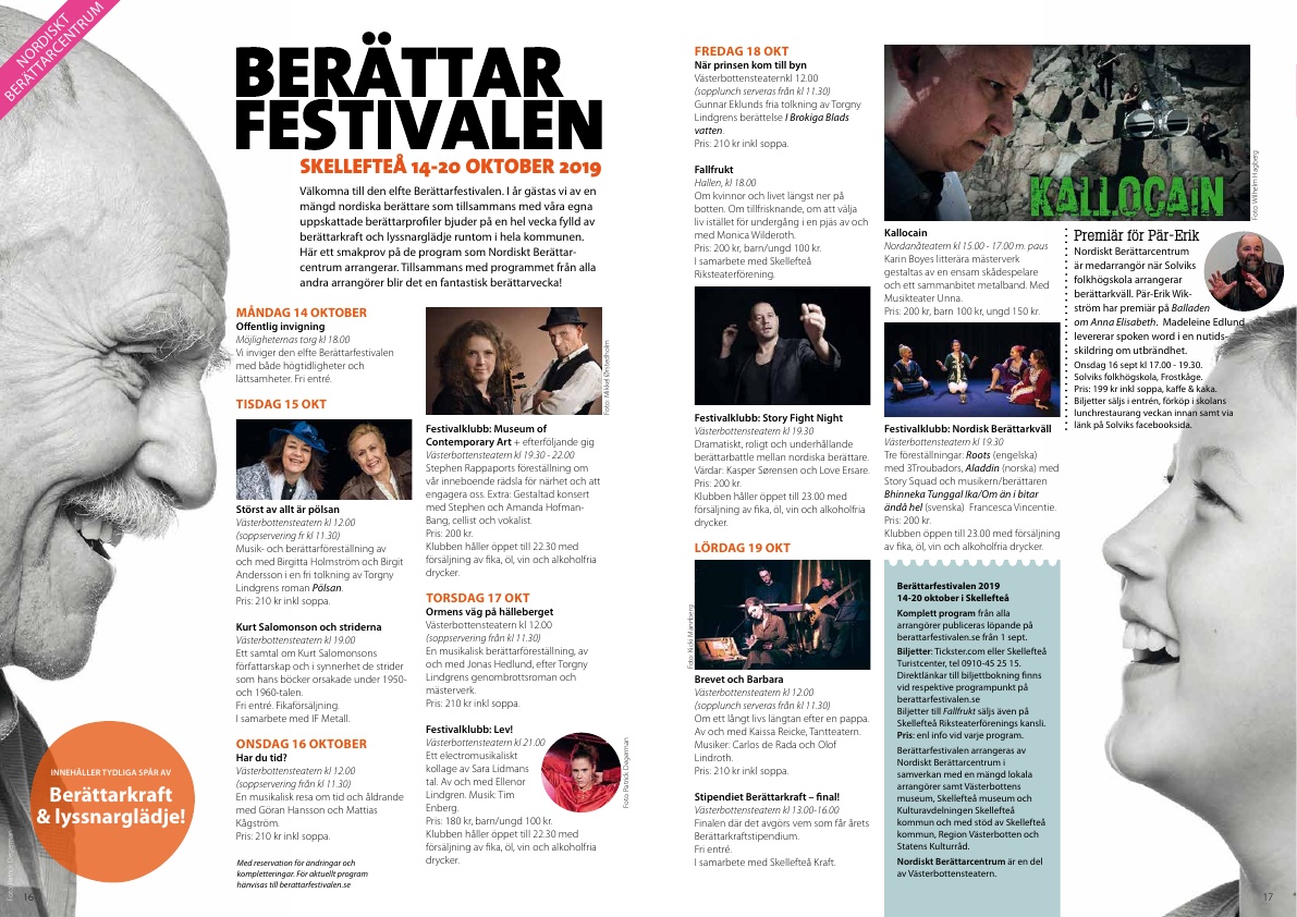 Nordiskt Berättarcentrum program under Berättarfestivalen 2019.