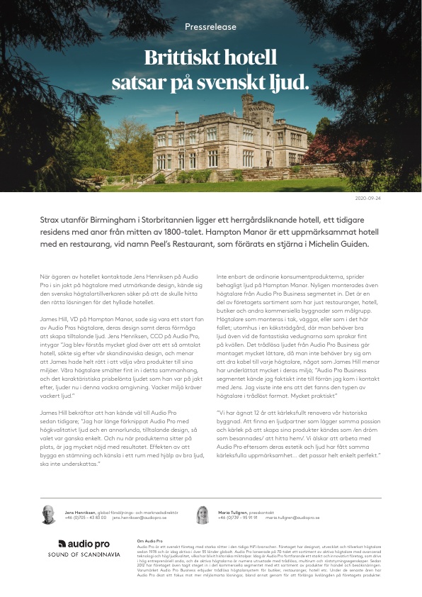 Audio Pro pressrelease Hampton Manor Svensk