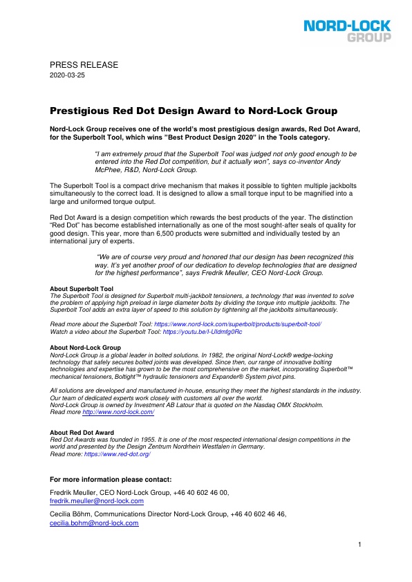 Nord-Lock Group wins Red Dot Design Award 2020
