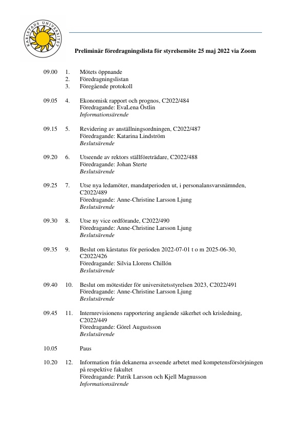 Styrelsemöte preliminär dagordning
