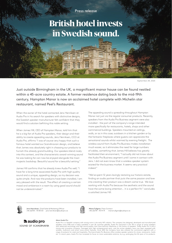 Audio Pro press release Hampton Manor English