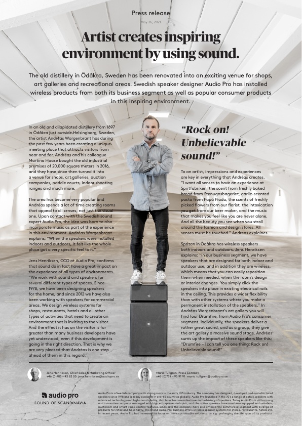 Press release Audio Pro, Spritfabriken Ödåkra, English