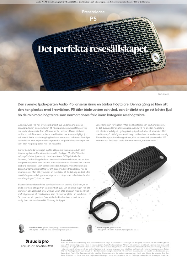 Pressrelease Svensk, Audio Pro, P5