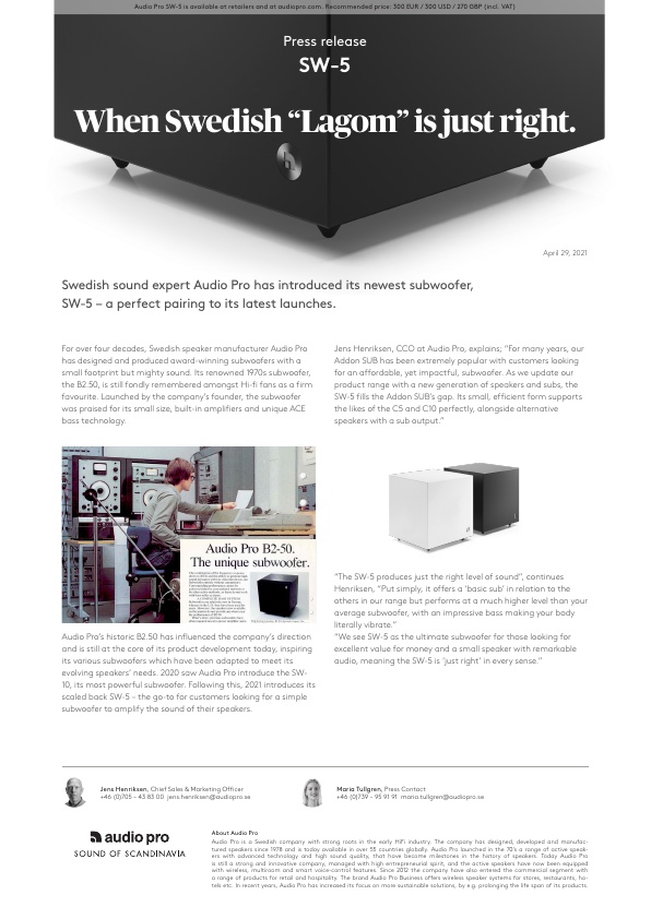 English press release Audio Pro SW-5
