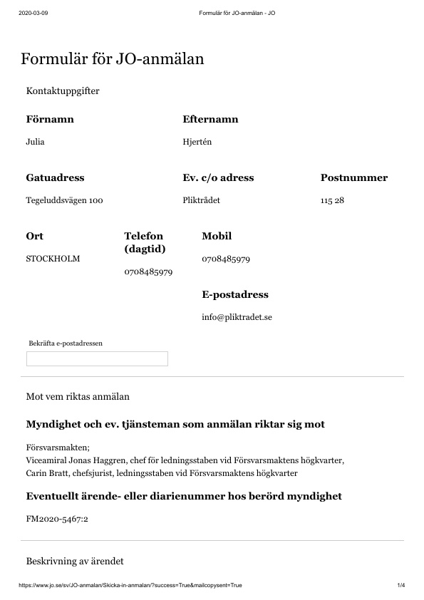Pliktrådets JO-anmälan av Försvarsmakten, rörande registerkontroller av utryckningsrapporterade värnpliktiga.