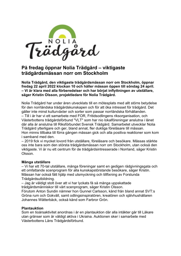 Pressmeddelande: På fredag öppnar Nolia Trädgård – viktigaste trädgårdsmässan norr om Stockholm 