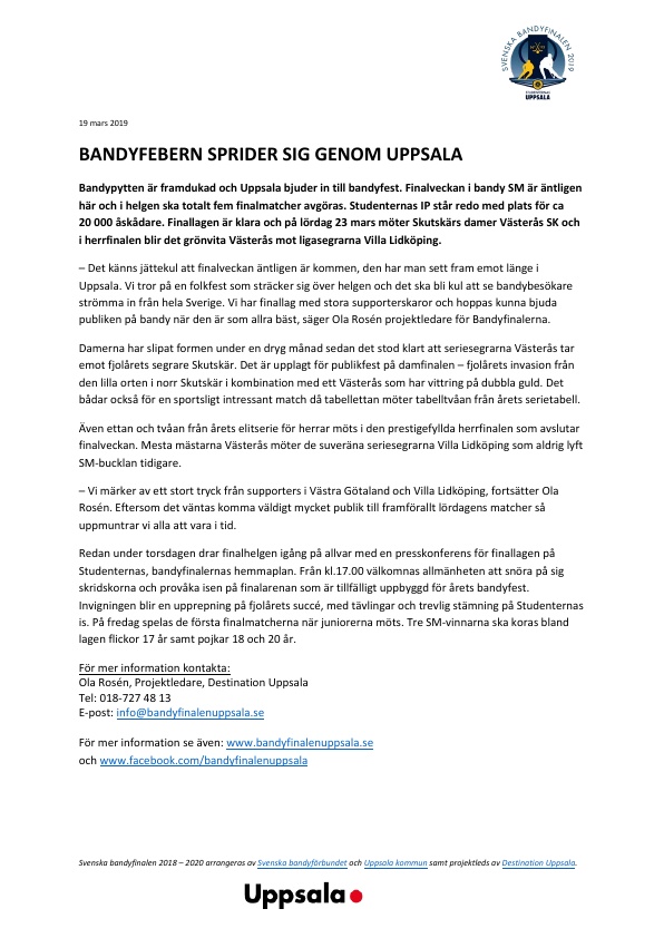 Pressmeddelande: Bandyfebern sprider sig genom Uppsala