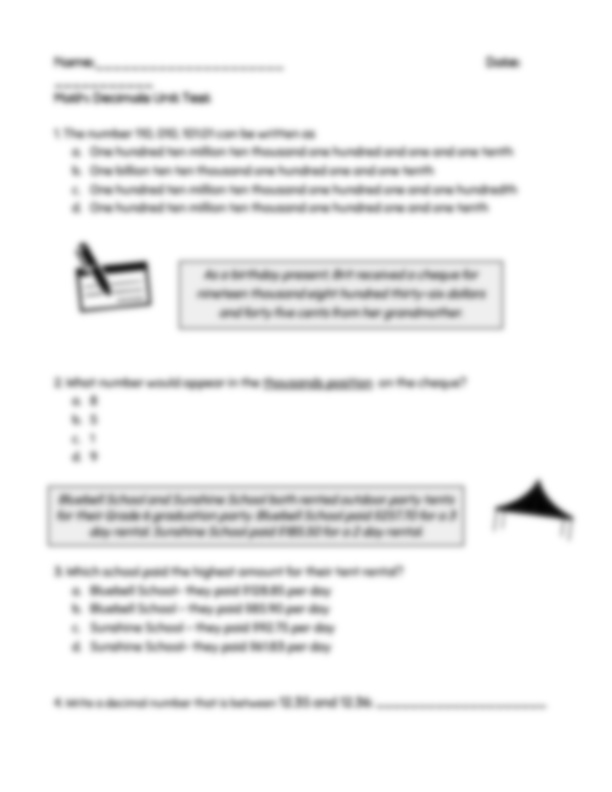 Grade 6 Math Makes Sense- Unit 3 (Decimals) Study Guides and Test by