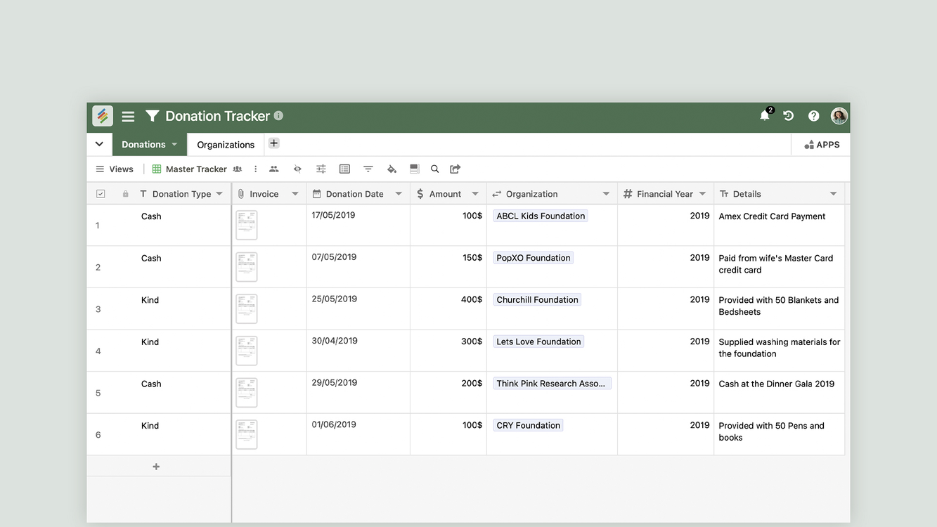 Donation Tracker Template by Stackby Templates