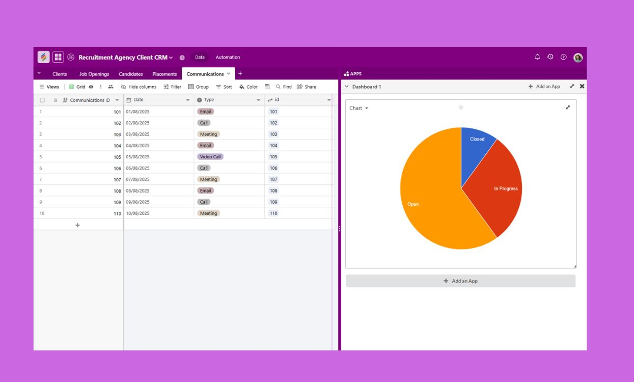Recruitment Agency Client CRM template dashboard with client, job, and candidate tracking. Templates