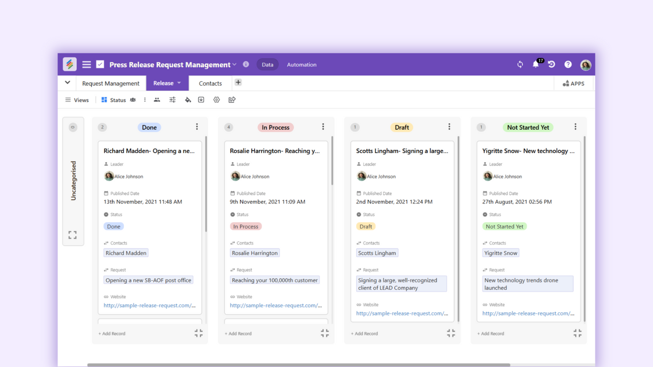 Press Release Request Management Template By Stackby Templates