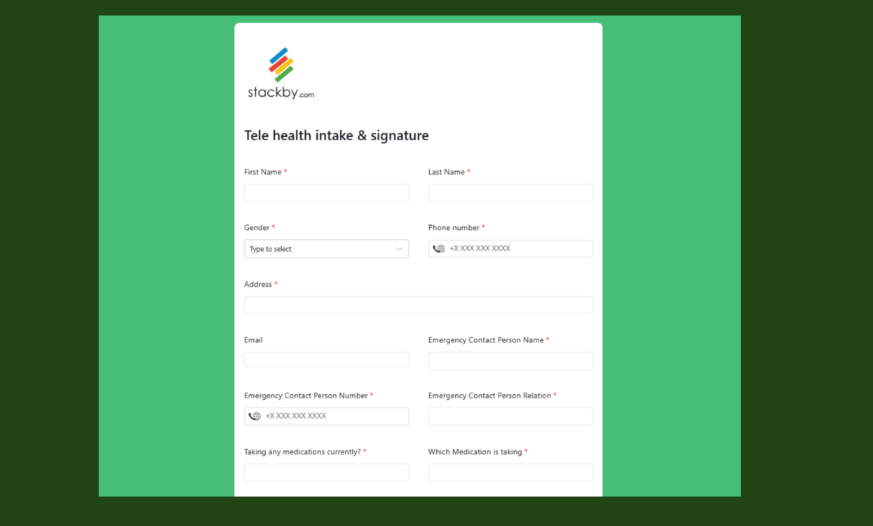 Digital form for telehealth intake and electronic signature collection | Stackby Templates