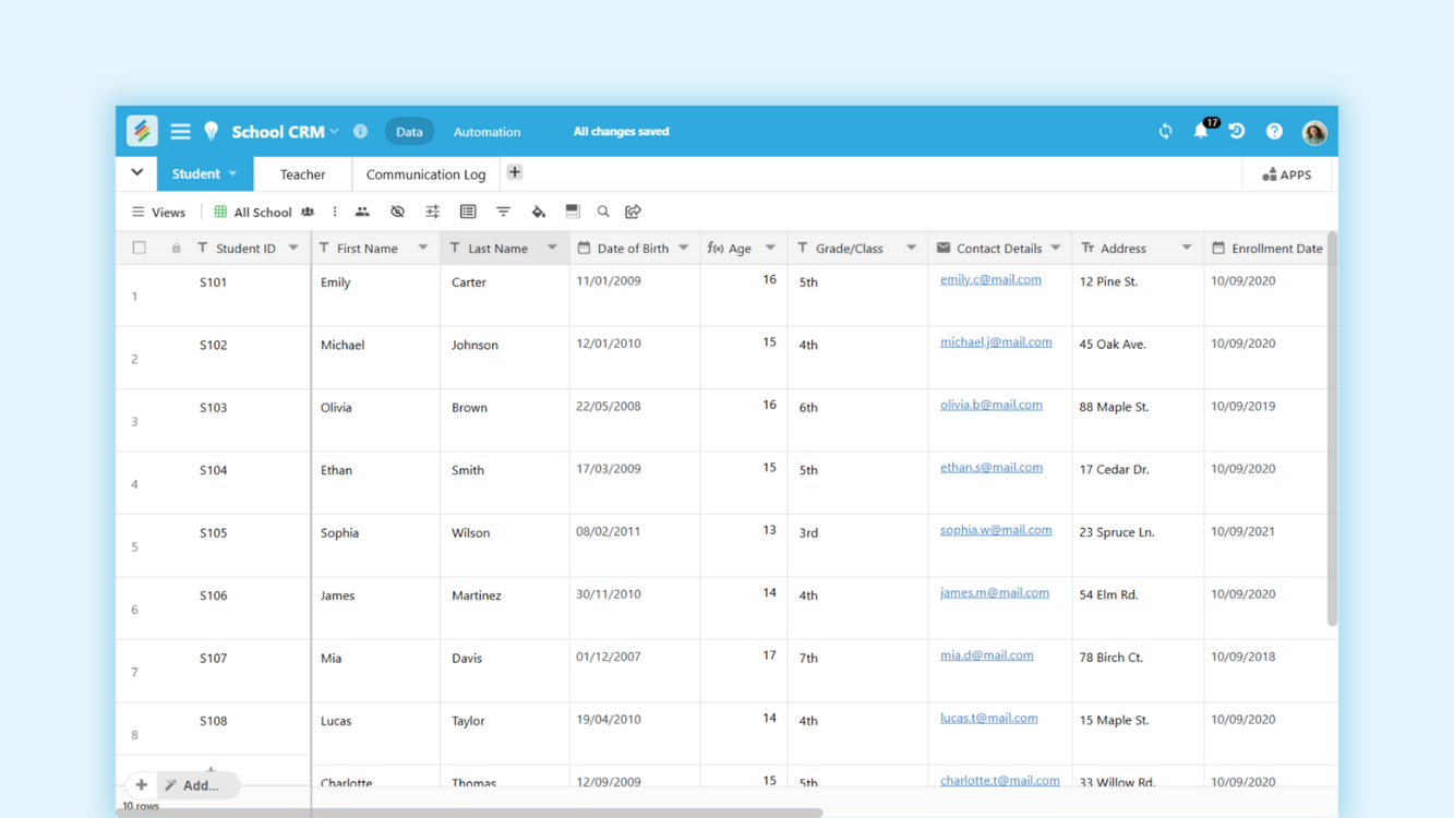 School CRM Template for managing student, teacher, and communication records. Templates